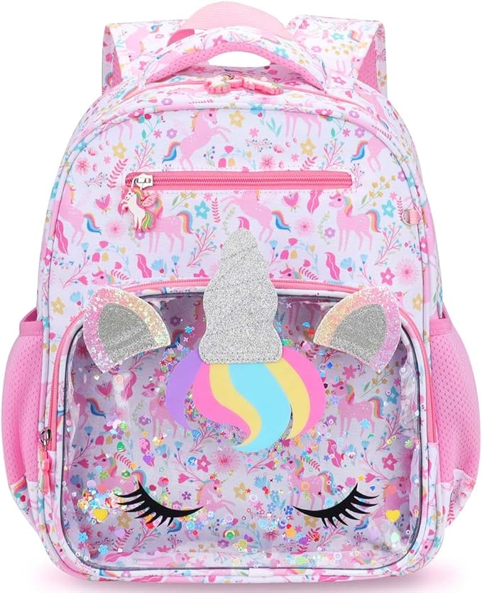 RHCPFOVR Kids Backpack for Girls - Unicorn Girls Backpack Ages 5-8, 15 Inch School Bookbag for Kindergarten Elementary School 1st 2nd Grade