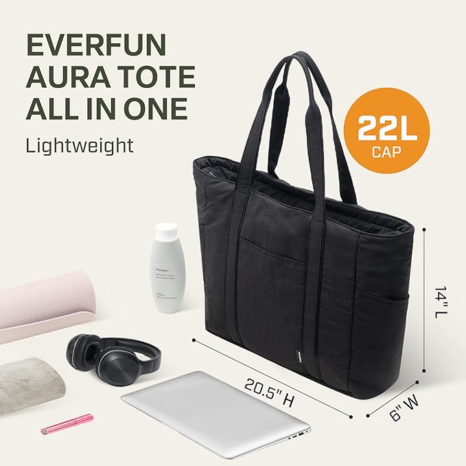 Everfun Large Tote Bag for Women, Ultra Soft Gym Tote, Everyday Yoga Washable Bag with Zipper, Travel, Beach, Laptop Work