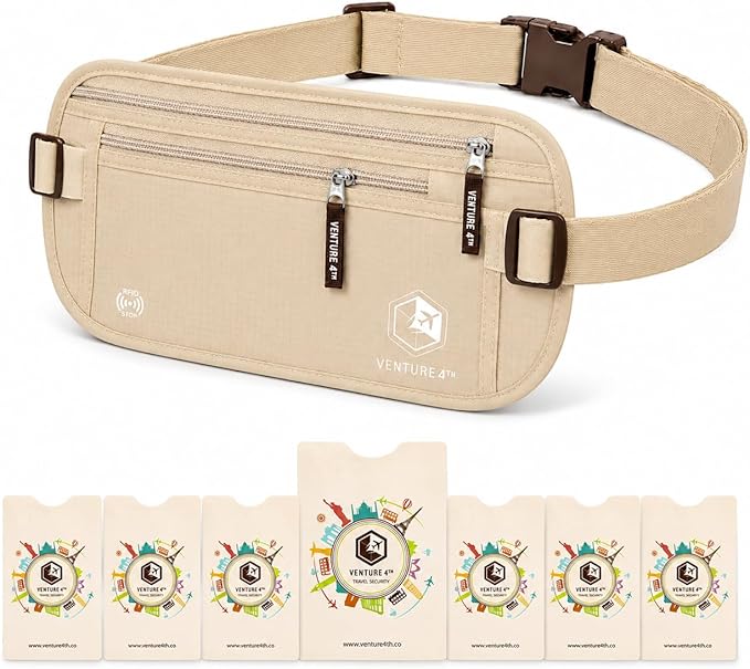 VENTURE 4TH RFID Money Belt for Travel with RFID Blocking Sleeves – Slim Hidden Travel Wallet & Passport Holder for Men & Women, Lightweight Anti-Theft Pouch to Protect Cash, Cards & Documents - Beige
