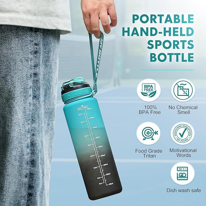 Water Bottle with Straw 1L,Boys Water Bottles with Straw 1 Litre,Waterbottle Leak-Proof Sports Water Bottle,Plastic Drinks Bottles Toxin Free，Bpa-Free (Cyan Black)