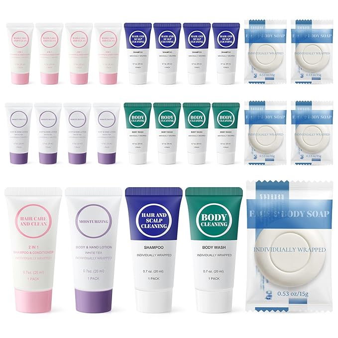 Individually Wrapped Toiletries Set Bulk, Travel Size 0.7 Fl oz Mini Body Wash Body Lotion Shampoo 2-in-1 Hair Wash & Conditioner 0.53 oz Bars Soap Toiletry Amenities for Hotel/Homeless (Pack of 25)