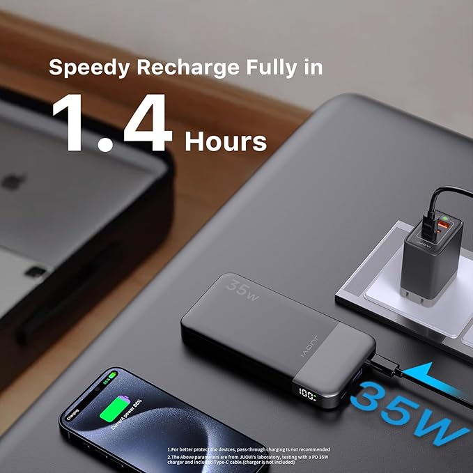JUOVI Power Bank Fast Charging 10000mAh 35W Portable Charger Small Battery Pack with PD 3.0 & QC 4.0 Type-C USB-A Input Output Lightweight Phone Charger Compatible for iPhone Samsung iPad