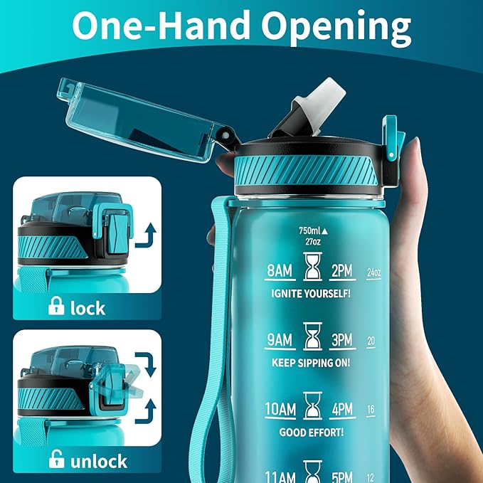 QLUR Water Bottle with Straw, 27oz Motivational Water Bottles with Time Marker to Drink, Tritan BPA Free, 750ml Sports Water Bottle with Carry Strap LeakProof for School Fitness Outdoor (1Pack)