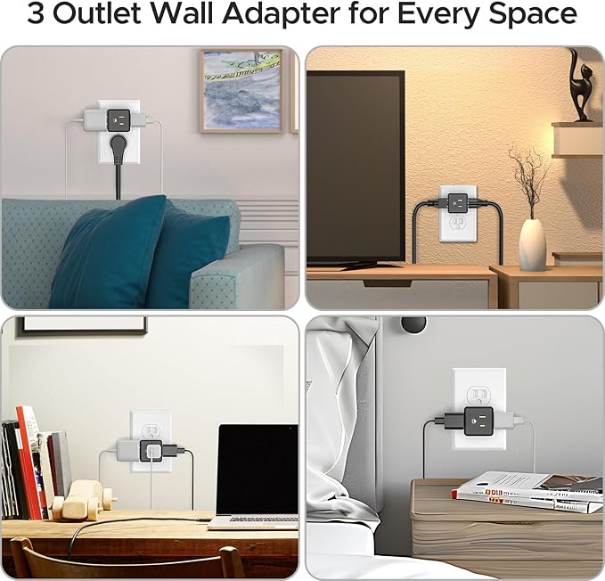 [ETL Listed] 3-Pack 3 Outlet Wall Adapter, Grounded 3-Prong Cube Tap Outlet Power Splitter, Compact 3-Way Plug Adapter for Home, Office or Travel (Black).