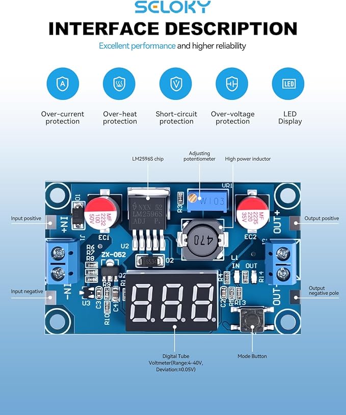 LM2596 DC-DC Buck Power Converter Module, Adjustable Voltage Regulator 4-40V to 1.25-37V Buck Converter with LED Voltmeter Display（Pack of 2）