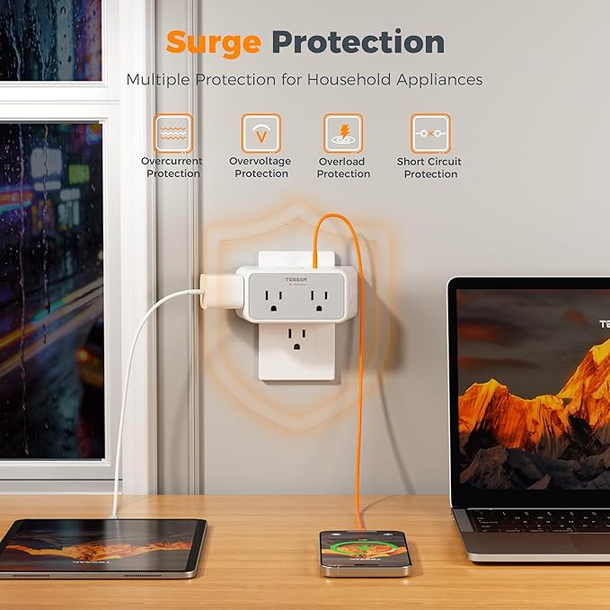 TESSAN Multi Plug Outlet Extender, Surge Protector 4 Outlet Splitter with 4 USB Ports (2 USB C), 3 Side Multiple Wall Plug Expander for Home Office Kitchen Dorm Room Essentials