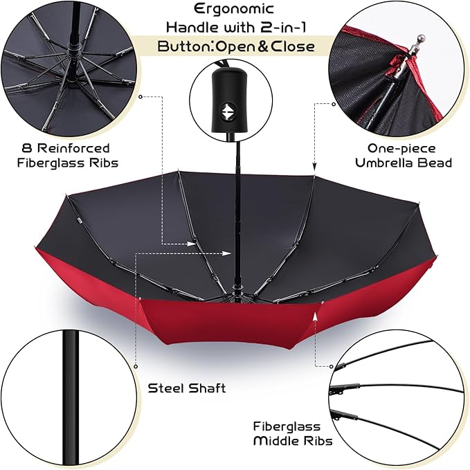 Amylove Windproof Travel Compact Umbrellas Bulk Wind Resistant Folding Auto Open and Close Rain Automatic Travel Collapsible Portable Umbrellas for Men and Women Gifts 4 Colors