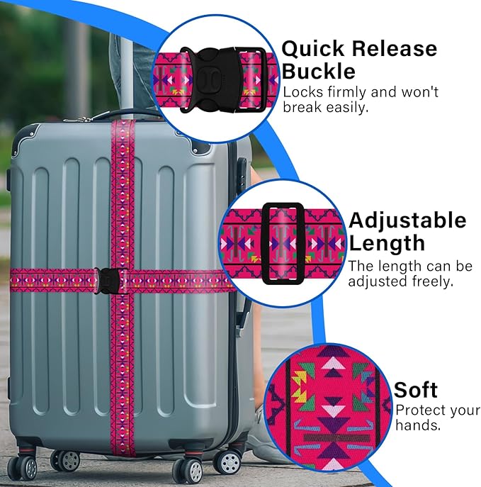 2 Pack Luggage Straps for Suitcases, Adjustable Travel Belt with Double Lock and Quick Release Buckle, Heavy Duty Nylon Bag Packing Strap, Bright Identifiers Business Travel Accessories-Pink Totem