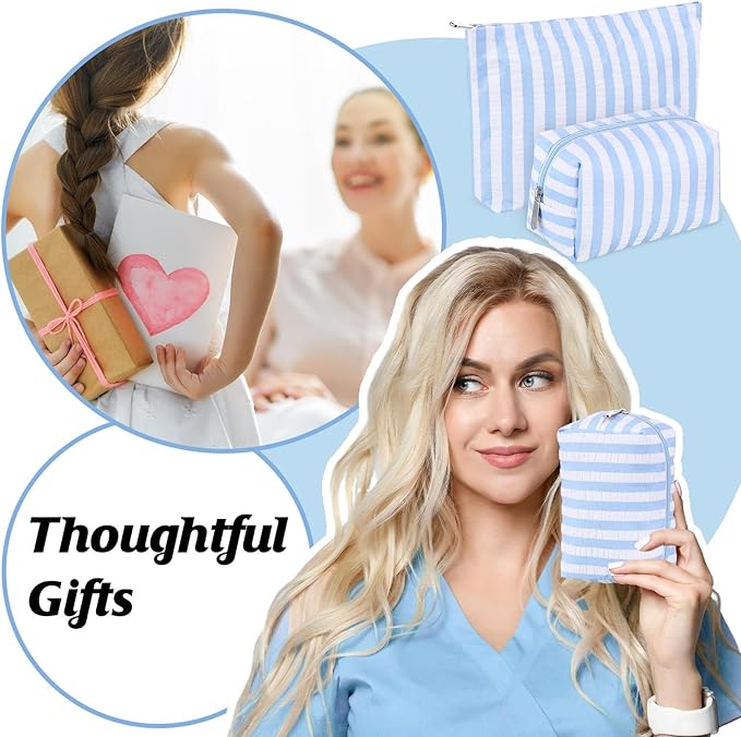 Huhumy 2 Pcs Makeup Bag Set Cute Cosmetic Pouch for Women Seersucker Travel Toiletry Bag Preppy Small Makeup Purse Pouch Aesthetic Skincare Brushes Storage Organizer for Valentine Women(Blue Wide)