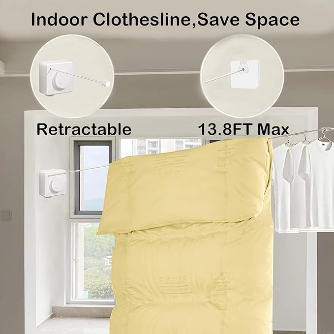 Retractable Clothesline Indoor,Bathroom Clothesline Retracting Heavy Duty Clothes Drying Laundry Line Travel Clothesline for Hotel Room Wall Mounted Stainless Steel Line-13.8 Feets,White