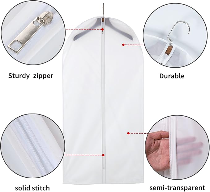 MsKitchen 6 Pack Garment Bags for Hanging Clothes (24x40") - Dustproof Suit Bags for Closet Storage - Durable PEVA Covers with Sturdy Zipper for Coats, Jackets & Dresses (Translucent)