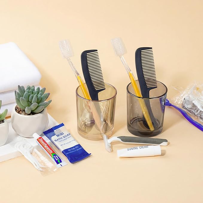 100 Sets Personal Hygiene Kit Bulk,Yellow Basic Travel Toiletry Supplies Disposable Toothbrushes with Toothpaste Floss Comb Soap Cover and Razors Set for Homeless,Guests,Church