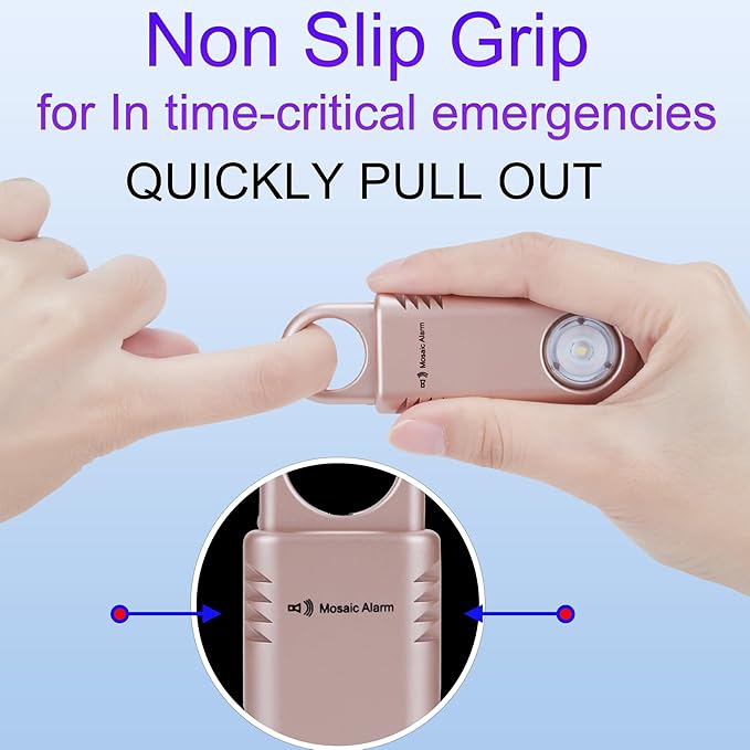 135dB Rechargeable Personal Safety Alarm Built-in Ultra-Bright Flashlight Non Slip Grip Keychain Emergency SOS Siren for Women, Students, Night Runner. Loud Sound Hiking Bear Alerts Hook. Rose Gold