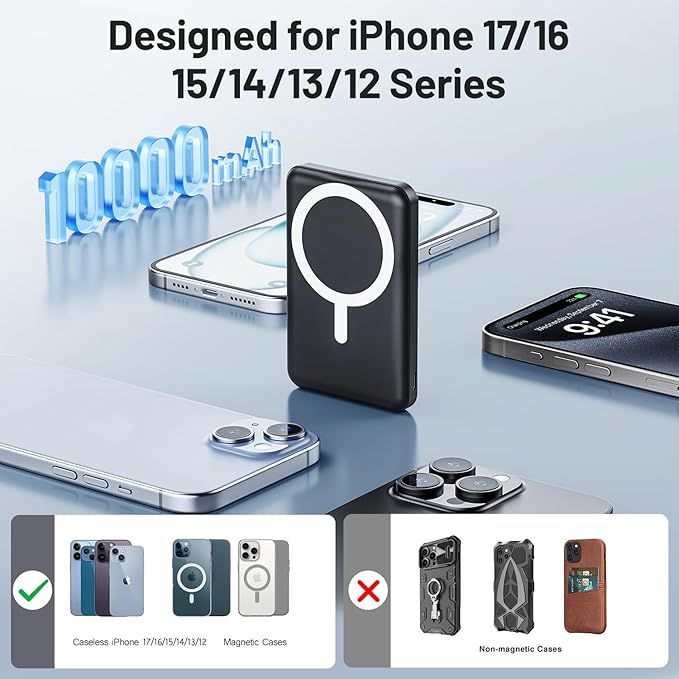 AOGUERBE for MagSafe Portable Charger, 10000mAh Magnetic Power Bank 22.5W Fast Charging, Mini Battery Pack Wireless with LED Display&Foldable Stand for iPhone 17/16/15/14/13/12 Series (Obsidian Black)