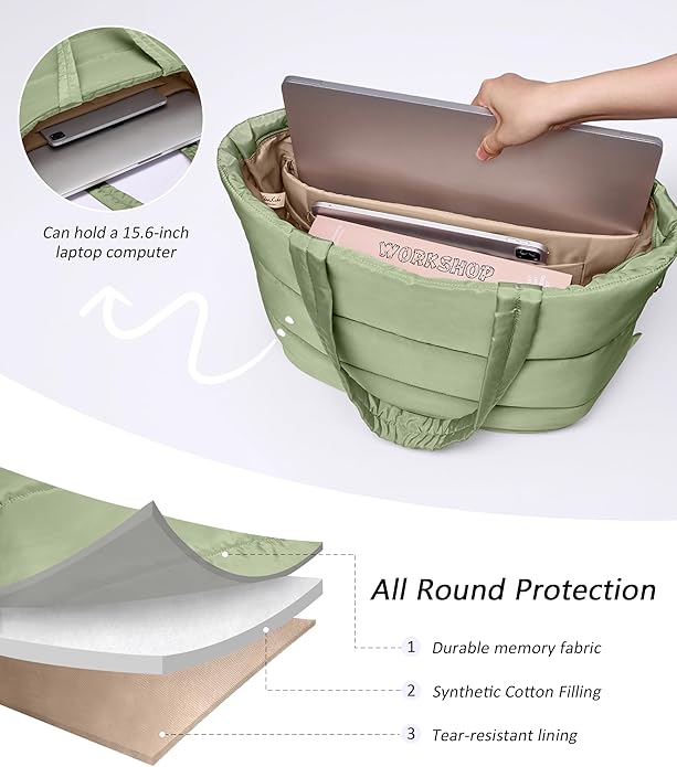 Puffer Tote Bag for Women, Lightweight Puffy Tote with Compartments, Shoulder Bag Crossbody Bags for Women Travel, Work, Gym