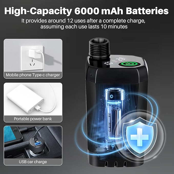 Portable Camping Shower with Heater, 6000mAh Rechargeable Portable Shower with 2000W Immersion Heater, LED Display, Heated Camping Shower for Travel, Hiking, Car, Pet