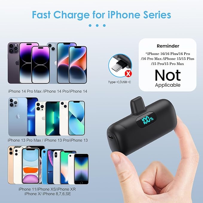 Mini Portable Charger for iPhone 14/13 Series,Upgraded 5000mAh PD Fast Charging Battery Pack,LCD Display Cute Power Bank Portable Phone Charger for iPhone 14/14 Pro Max/13/12 Pro/11/XS/XR/X/8/7/6