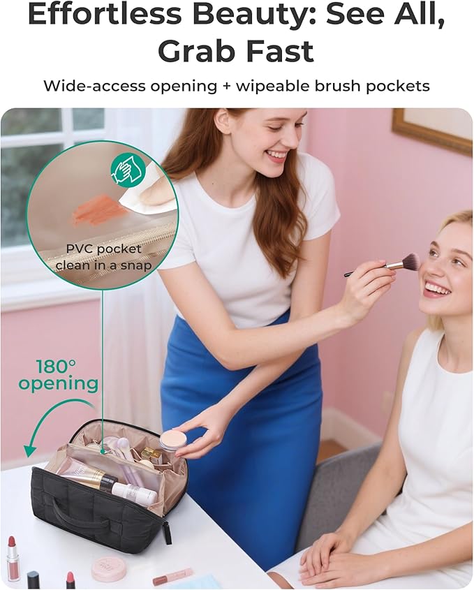 BAGSMART Travel Makeup Bag for Women, Portable Water-resistant Cosmetic Case, Puffy Padded Make Up Organizer Pouch, Open Flat Toiletry Bag for Toiletries, Brushes, Khaki