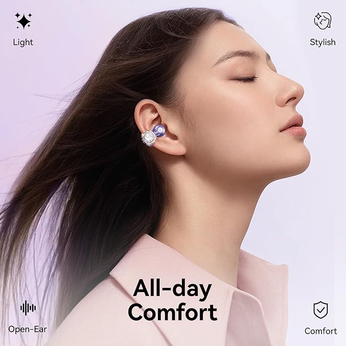 Kinglucky Jewelry-Inspired Clip-On Earbuds with Diamond Earrings, Comfortable Fit & 40H Playtime Open Ear Bluetooth 5.4 Wireless Headphones for Women, Small Ears, Sports & Workouts (Purple)