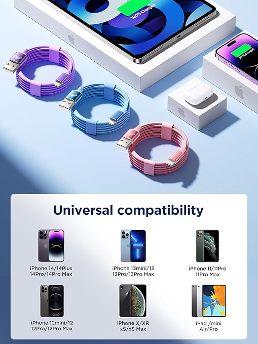 Aioneus iPhone Charger 10 ft 3Pack, Apple Certified Long Lightning Cable 10ft Nylon Braided 3A Fast Charging Cord for iPhone 14 13 12 11 XS Max XR 8 SE