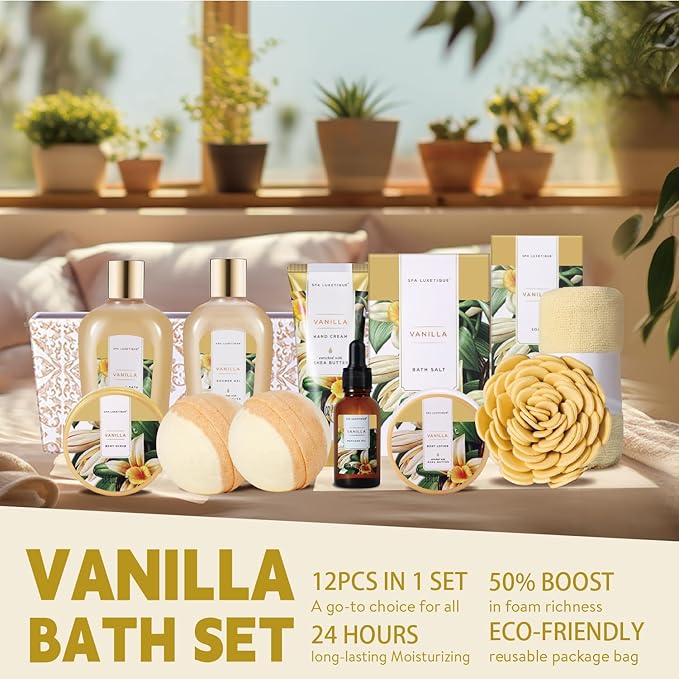 Spa Gift Baskets for Women, Spa Luxetique Spa Gifts for Women, Birthday Gifts Spa Kit, 12pc Vanilla Bath Set, Womens Self Care Mother's Day Gift