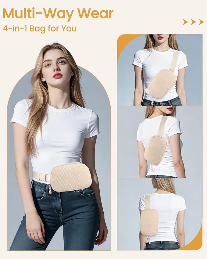Vankor Beige Fanny Packs for Women Corduroy, Cute Beige Belt Bag for Women Crossbody Stylish Waist Pack Purse for Travel, Hiking, Workout, Running
