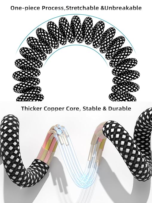 Quickeep Car Carplay Cable 2Pack Coiled USB A to USB C Fast Charge Cord for iPhone 17/16/15/Plus/Pro Max/MacBook Pro, Auto Retractable iPhone Car Cord Grey
