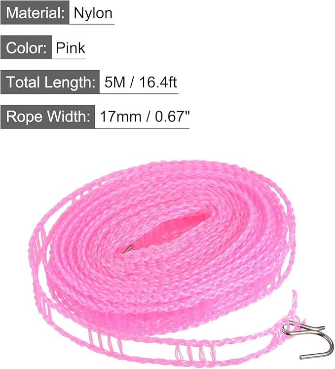 uxcell Portable Clothesline, 16.4ft Nylon Windproof Non-Slip Washing Line Rope for Courtyard Outdoor Travel Camping Laundry Drying, Pink