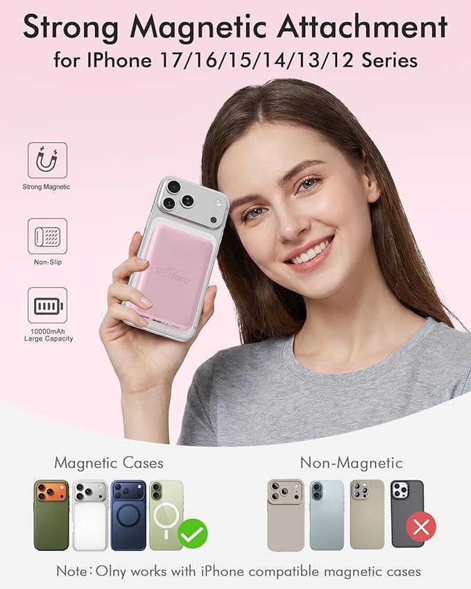 podoru for Magsafe Power Bank, 10000mAh Magnetic Portable Charger with 22.5W PD Fast Charging USB-C Cable LED Display Wireless Battery Pack for iPhone 17/16/15/14/13/12 Series-Pink