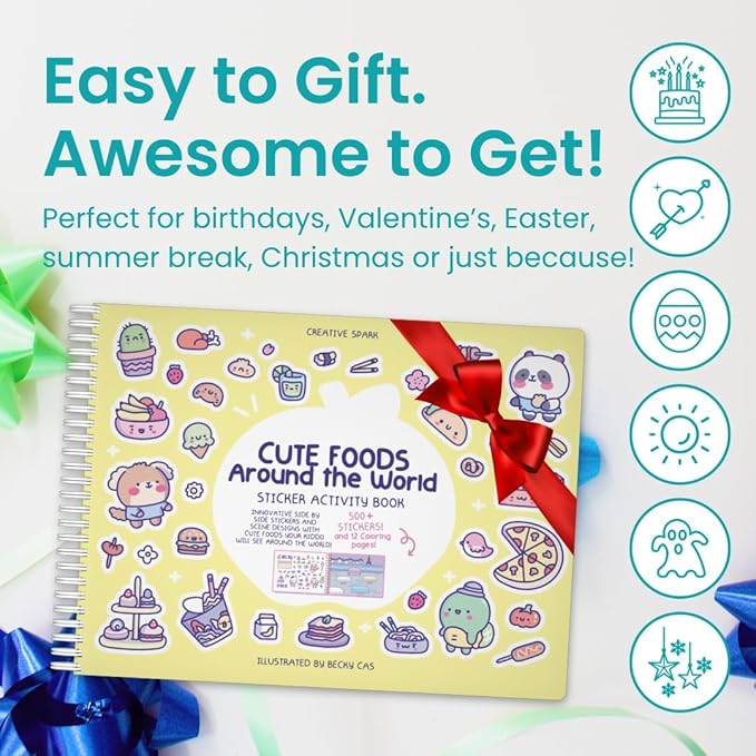 Cute Foods Around The World 500+ Sticker Book for Girls by Cupkin Toddler Airplane Activity Coloring + Sticker Book, Road Trip Essentials, 12 Coloring Pages + Scenes for Ages 2–8 Years