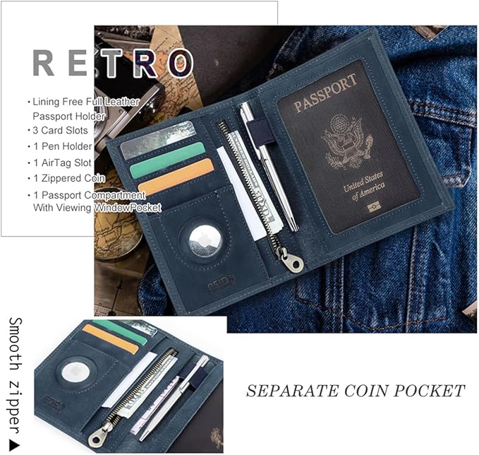 CONTACTS Full Grain Leather Passport Holder RFID Blocking Travel Passport Wallet Compatible with Airtag Passport Cover Case with 4 Cards Slots, Coin Pocket (Blue)