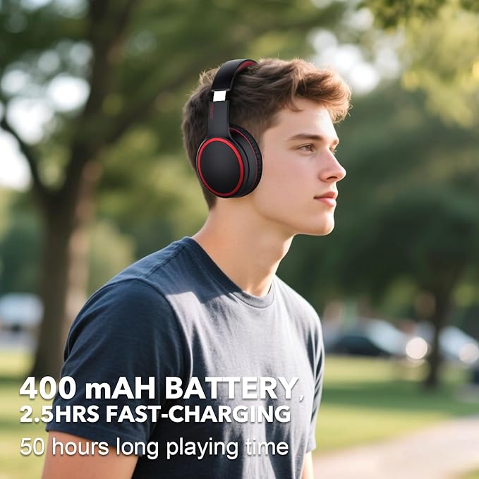 B10 Bluetooth Headphones Over Ear, 2 EQ Music Modes(Normal/Bass) and 50H Playtime Wireless Headphones with Mic, Lightweight Folding HiFi Stereo Headset for iPad/Travel/Tablet/PC/Home (Black)