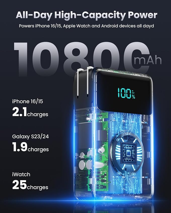 4-in-1 Portable Charger With Built-in Wall Plug&USB-C Cables,10800mAh Power Bank with iWatch Charger,QC4.0+PD 25W Fast Charging Battery Pack,Travel Essentials for iPhone 17/16,Apple Watch,Android etc