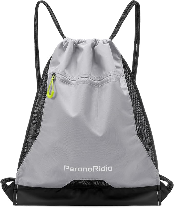 Waterproof Drawstring Backpack for Men/Women, Lightweight Sports Bag for Gym, Beach, Swim, Hiking, Running & Cycling, Anti-Stain with Quick-Access Mesh Pocket, Gray 14.2"×2.8"×17.7"