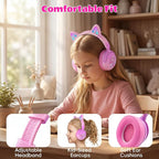 Kids Bluetooth Headphones with LED Cat Ears, Active Noise Cancelling Headphones for Kids, 85dB Volume Limited, 40H Play Time, Bluetooth 6.0, Fast Charging, Built-in Mic for iPad/Tablet/Airplane, Pink