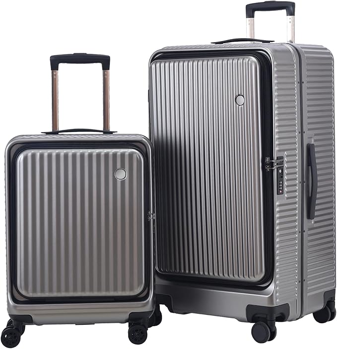 Kaleenie 2 pieces 20/29 Aluminum Frame Carry On and Checked Luggage Set with Side Opening,Lightweight Hardshell ABS+PC Trunk Suitcase with TSA Lock,360° Universal Wheels & Adjustable Handle,Dark Gray