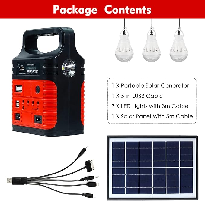 Solar Generator - Portable Power Station for Emergency Power Supply,Portable Generators for Camping,Home Use&Outdoor,Solar Powered Generator With Panel Including 3 Sets LED Light (Red Color)