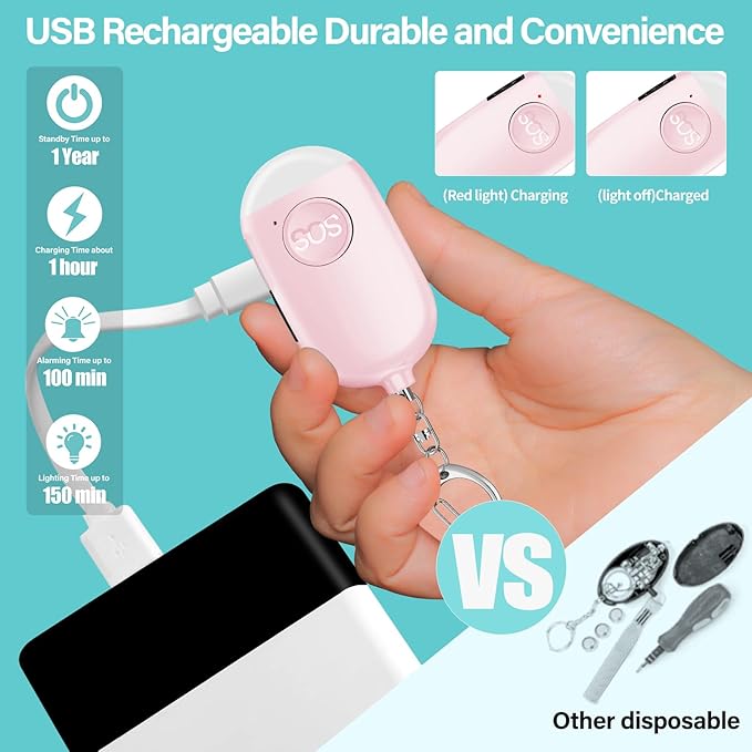 Hion Personal Safety Alarm for Women, 2 Pack Rechargeable 130dB Self Defense Alarm Keychain with LED Flashlight, Emergency Safe Sound Security for Children Elderly College Girls Men, Pink+Blue