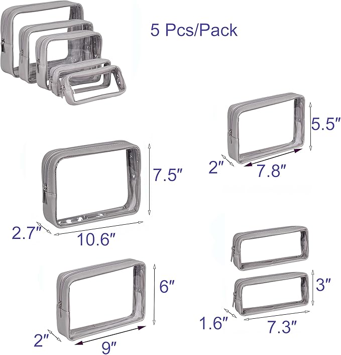 Remobia Hicol TSA Approved 5-Piece Diaper Bag Organizer Pouch Set Clear Waterproof TPU Kids Toiletry Storage Set Travel Packing Clutch Cube Bags for Baby Nursing (Light Gray)