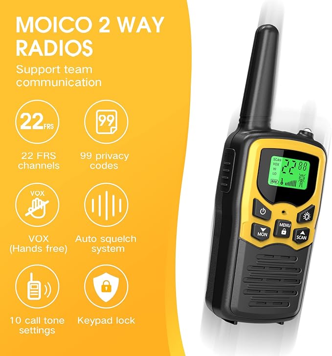 Walkie Talkies,MOICO Long Range Walkie Talkies for Adults Two-Way Radios with 22 Channels FRS VOX Scan LCD Display with LED Flashlight for Field, Survival Biking Hiking Camping 2 Pack (Yellow2)