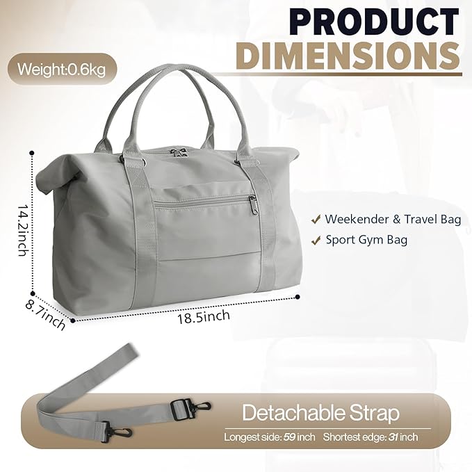 Travel Duffle Bag, Weekender Travel Bag Men Small Gym Bag for Women, Hospital Bag for Labor and Delivery, Overnight Bag Luggage Bag with Trolley Sleeve, Airplane Travel Essentials for Flying(Grey)