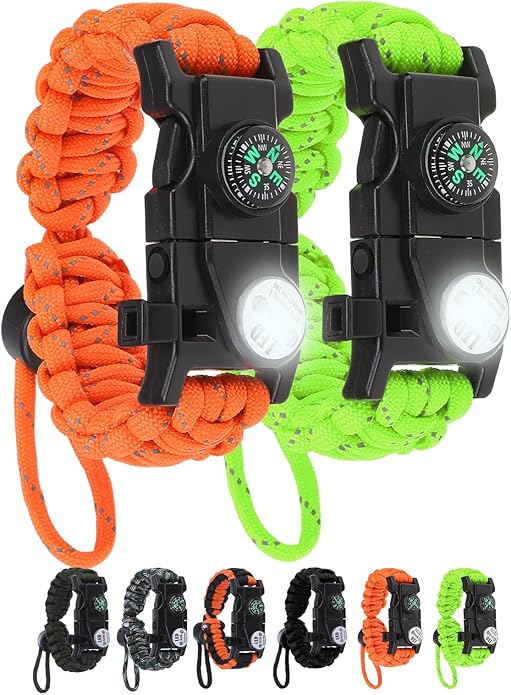 Survival Bracelets, Paracord Bracelets (2 pcs) with Loud Whistle Light Flint, Adjustable Compass Bracelet for Outdoor Camping Hiking Fishing Hunting, Multitools Tactical Gear, Bearable 300 lb