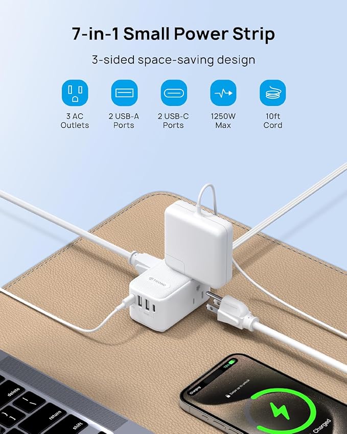 TROND 20W USB C Travel Power Strip - Ultra Thin Flat Plug, Small 10ft Long Extension Cord Wall Mount, 3 Side Outlet Extender for Nightstand, Dresser, Couch, TV, Cruise Essentials, White