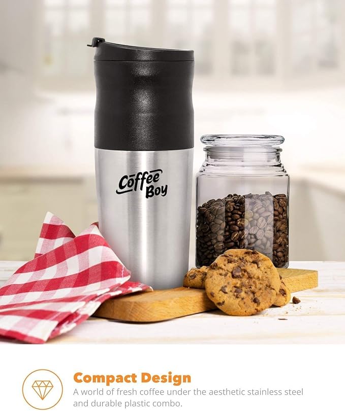 Equinox Coffee Boy All-in-One Portable Pour Over Coffee Maker, 14oz Silver Travel Mug, Compact, Manual, 12 Watts, 12 Volts, 1 Count