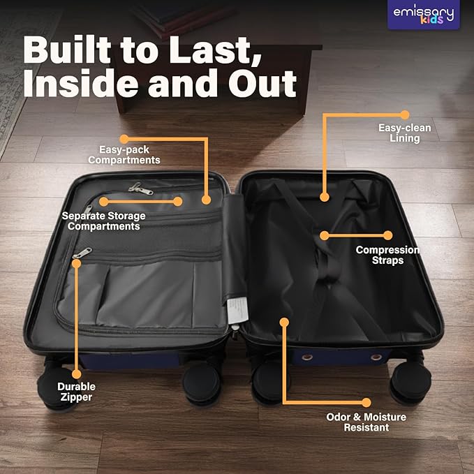 emissary 7pcs Space Boy’s Luggage Set with wheels – Rolling Luggage, Backpack, Eye Mask, Toiletry Bag, Suitcase Tag, Neck Pillow & Water Bottle – Carry Luggage for Kids & Boys with Wheels