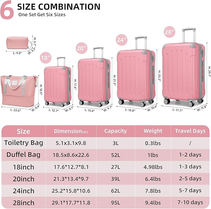 6 Piece Luggage Sets with Bags, Lightweight Expandable Checked Luggage Sets, Hardshell ABS Spinner Wheels Carry on Suitcase with TSA Lock, for Travel, Women Men (Pink, 18/20/24/28inch+2bags)