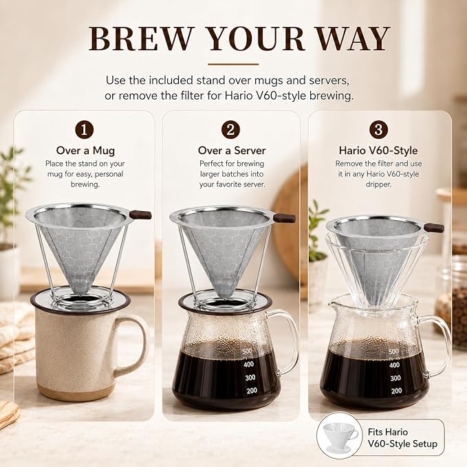 Pour Over Coffee Dripper, Pour-over Filters with 800 Mesh Steel Mesh Optimize Extraction For Rich Coffee Flavor, Stainless Steel Filter, Paperless Pour-over