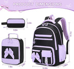 DIGOBAY Backpack for Girls, 3PCS Girls Backpack for School with Lunch Bag Pencil Case, Cute Kids Teens Bookbag for Kindergarten Elementary Preschool Middle School (Black-Purple)