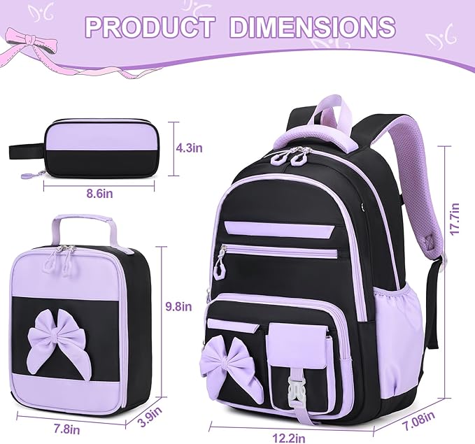 DIGOBAY Backpack for Girls, 3PCS Girls Backpack for School with Lunch Bag Pencil Case, Cute Kids Teens Bookbag for Kindergarten Elementary Preschool Middle School (Black-Purple)