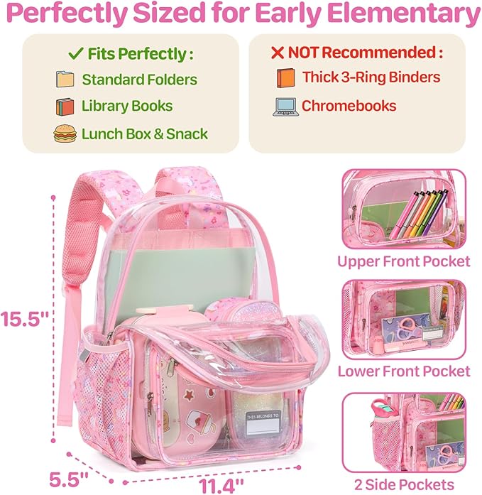 Bagseri Clear Backpack for Girls - 15 Inch Heavy Duty Kids Clear Bookbag for Kindergarten to Grade 2, Transparent School Bag with Reflective Strip, Fits Folders, Pink Unicorn